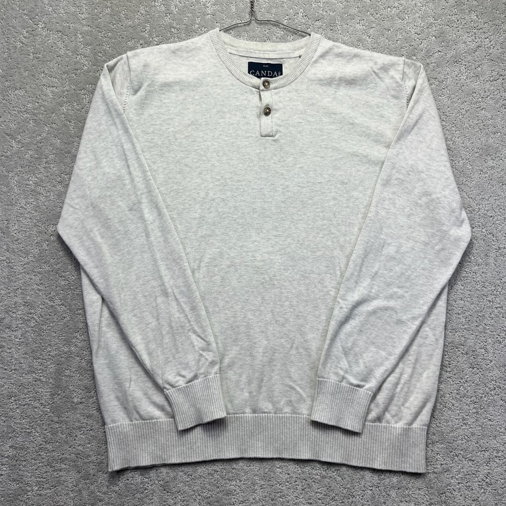 CANDA C&A Henley Sweater Men XXLs Gray Heathered 100% Cotton‎ Long Sleeve